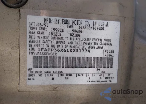 1990 Ford Tempo Gl z USA, uszkodzony, nr VIN 1FAPP36X6LK231774